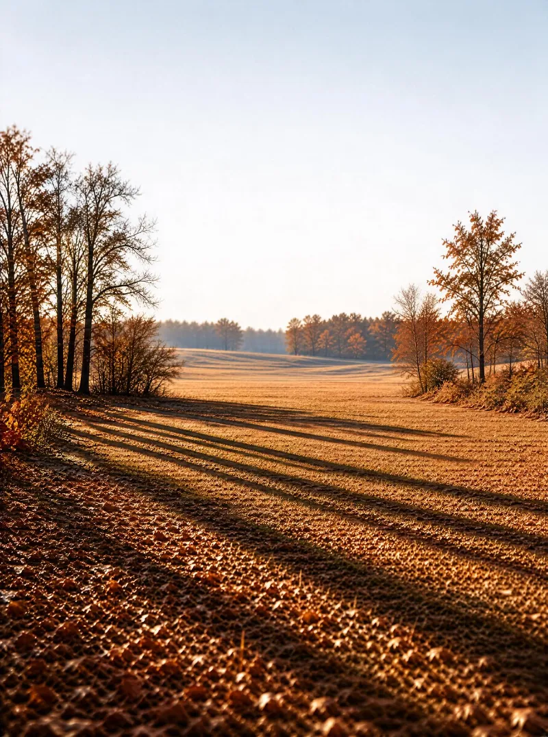 A vast field covered in fallen autumn leaves with trees lining the edges under soft golden sunlight.