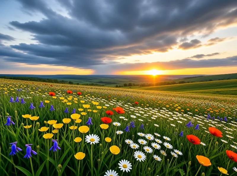 Sunset Over Wildflower Field