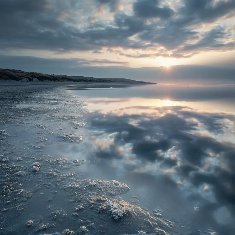 A sandy beach reflects sunset clouds on wet shore with grassy dunes under a cloudy sky