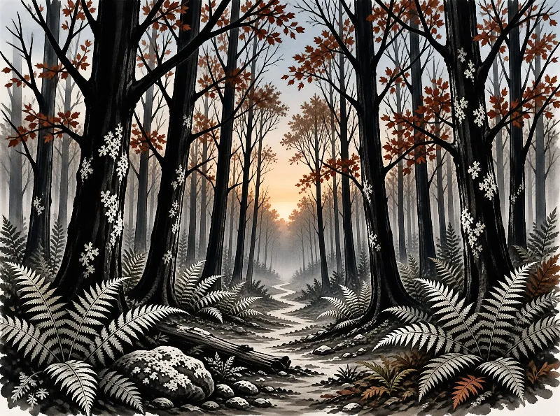 An ink and watercolor forest of dark trunks and rust leaves frames a pale stream winding toward a hazy sunset.