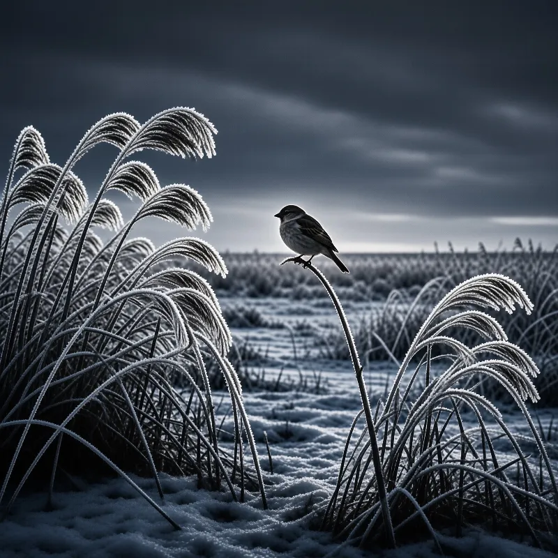 A small bird perches on a tall frost-covered grass stalk in a snowy field beneath a dark cloudy sky