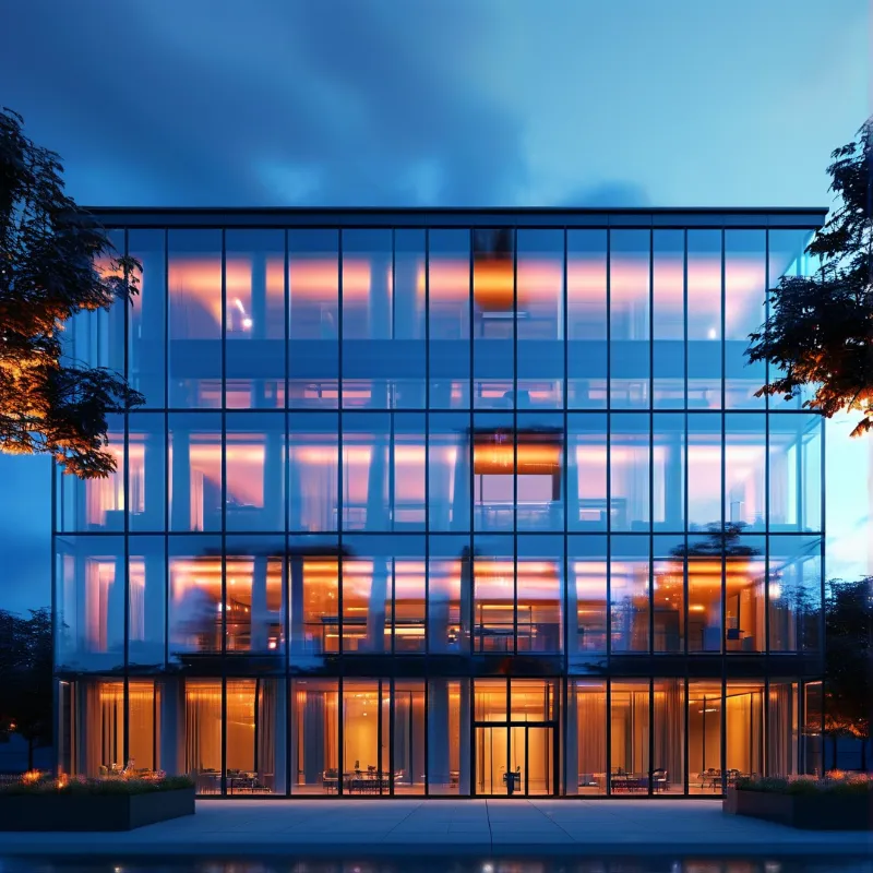 Modern Glass Office at Dusk