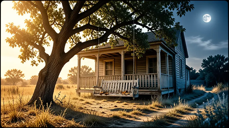 A wooden swing hangs from an oak beside a cabin, with golden sunset on the left and full moon in blue evening sky right.