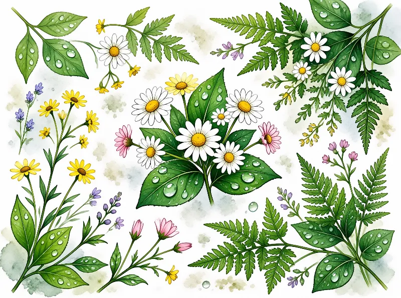 A watercolor painting shows white daisies and ferns with water droplets on leaves.