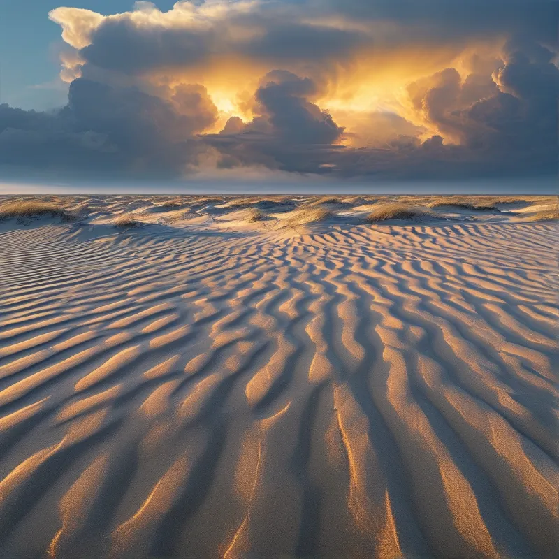 Sand dunes with wavy textures stretch beneath a dramatic sky glowing with golden sunset light.