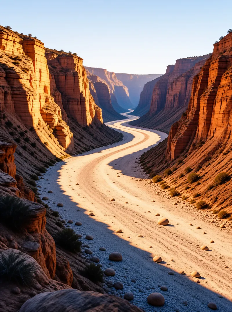 A meandering dry riverbed snakes through towering red rock canyon walls bathed in warm golden sunlight.