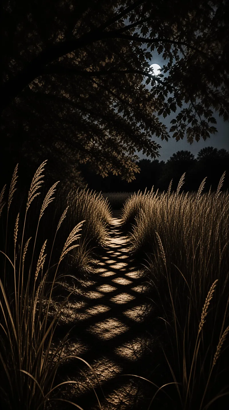A narrow trail glows under a full moon, crossed by diamond shadows from the overhanging branches above.
