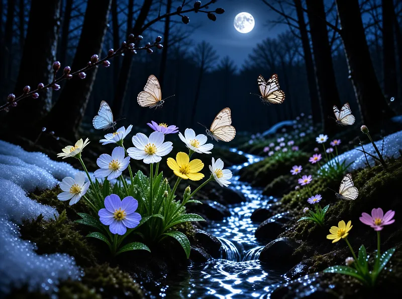 Colorful wildflowers bloom near a sparkling stream while white butterflies fly under a full moon in a dark snowy forest.