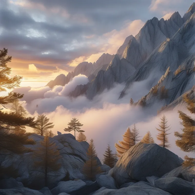 Jagged peaks rise above a cloud sea illuminated by warm sunlight with pine trees scattered across foreground rocks.