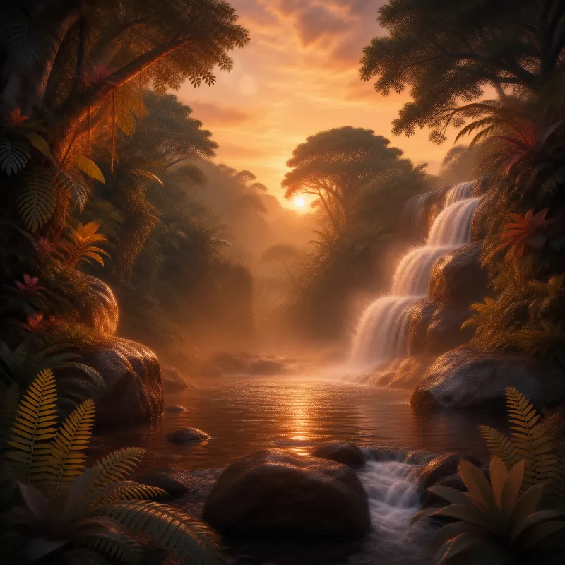 Tropical Waterfall at Sunset