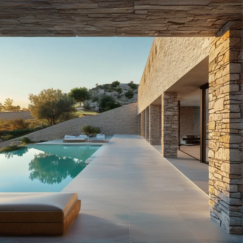Stone house pool terrace with lounge chairs and glass walls facing a hillside with trees during evening light.