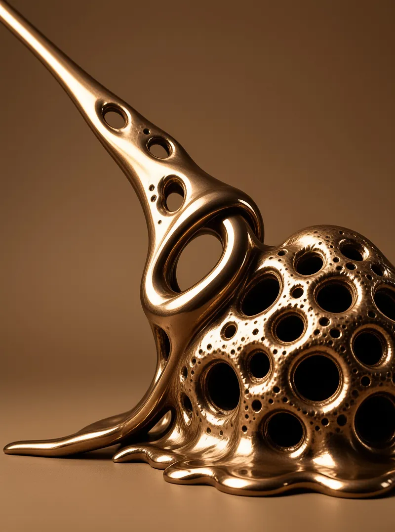 A polished gold form with many dark circular holes sits against a neutral beige background under warm light.