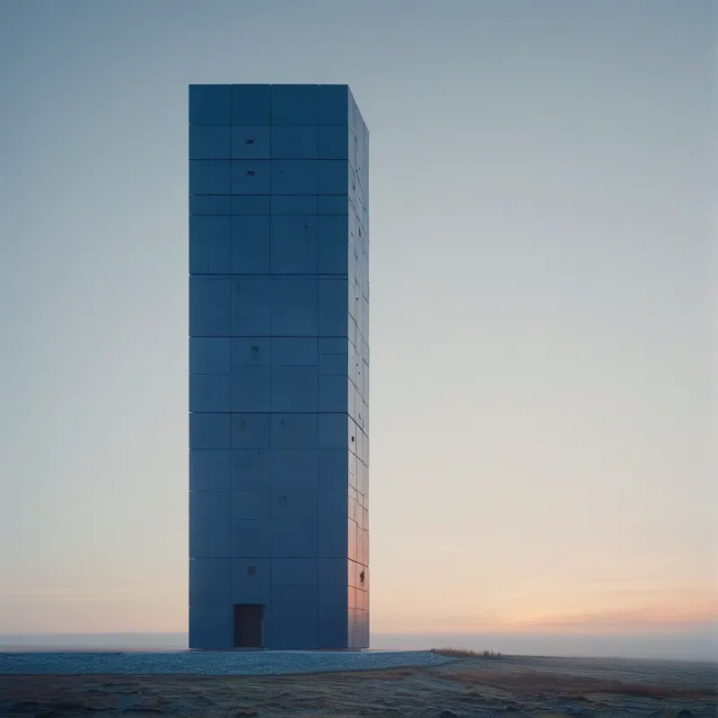 A tall blue blocky building stands isolated in a flat landscape with a pink sunset on the horizon.