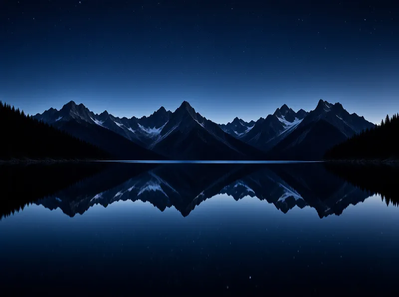 The deep blue night sky and jagged mountain range are perfectly mirrored in the still surface of a dark lake.