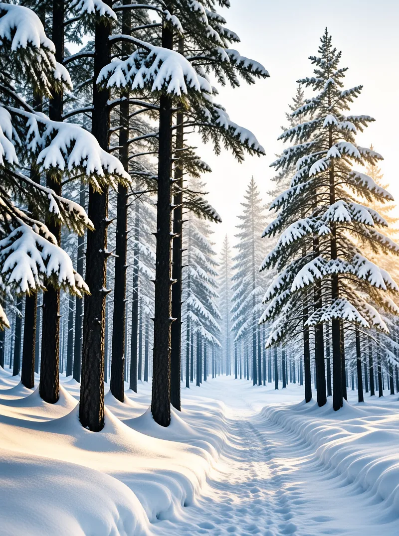 Tall evergreen trees laden with snow form a path illuminated by soft golden sunlight in a winter forest.