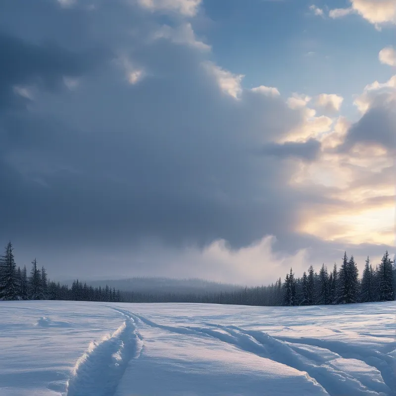 Deep impressions mark the frozen ground while warm light breaks through clouds above the treeline.