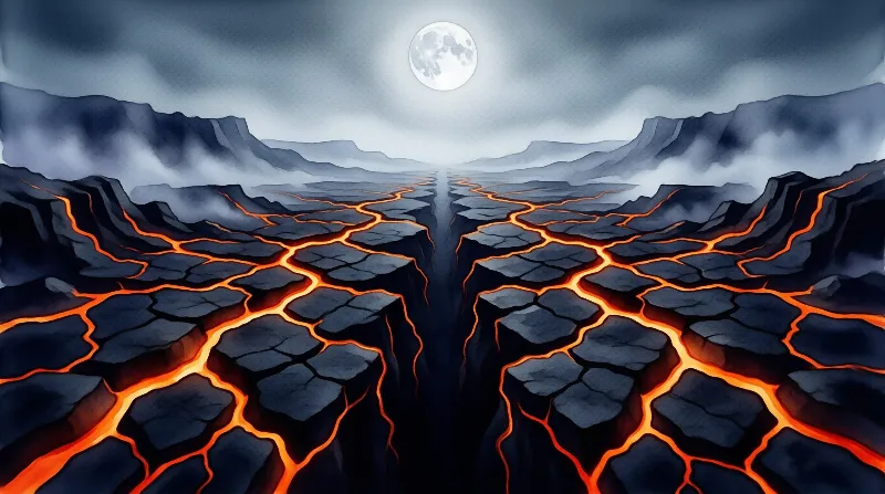 Orange lava cracks streak across dark cracked rock to a full moon over foggy blue mountains under cloudy night skies.