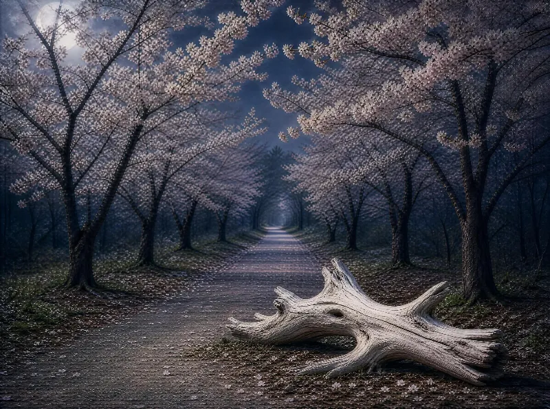 A fallen log lies on a dirt path flanked by cherry blossom trees, with soft blue hour light filtering through branches.