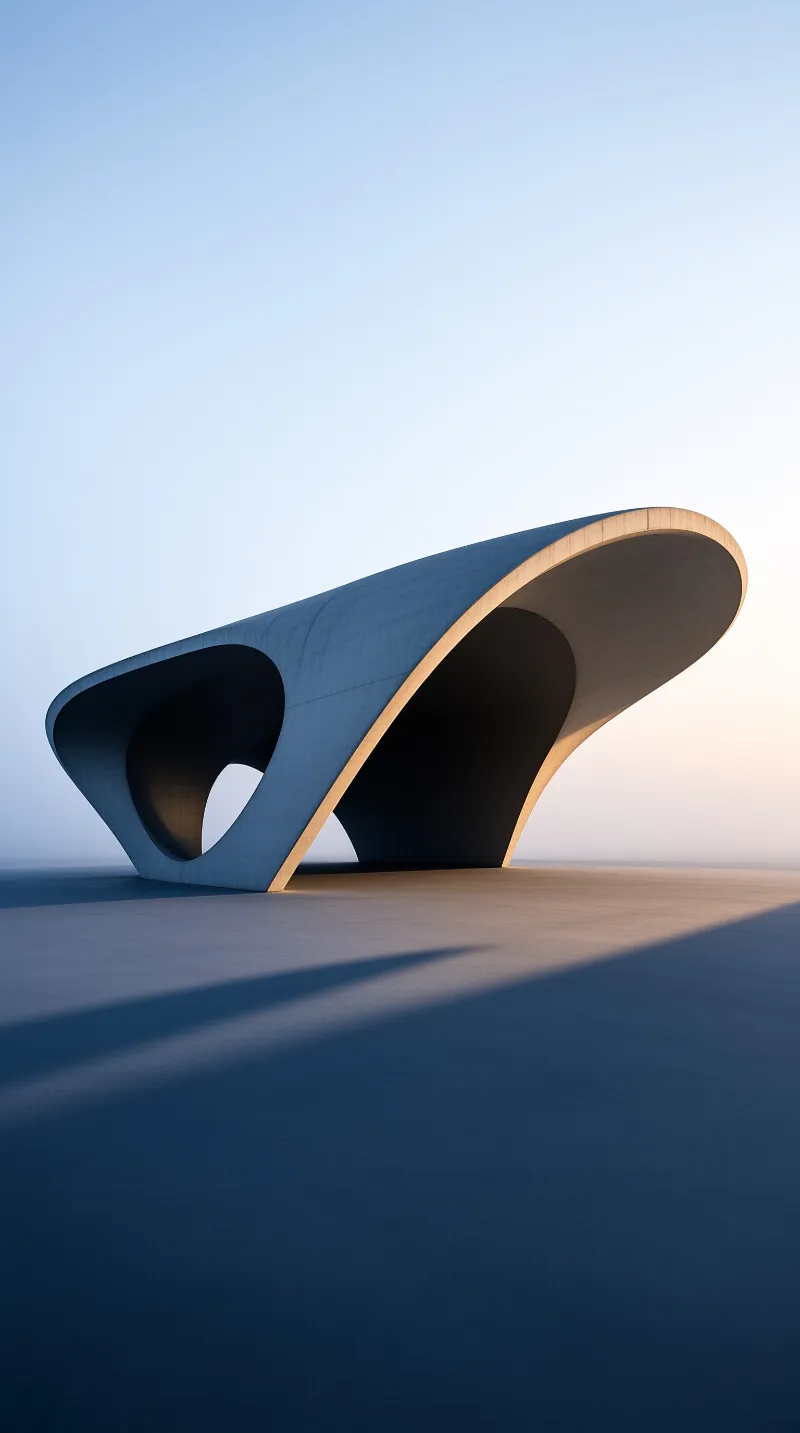 A smooth blue architectural shape stands alone on sandy ground while low sun casts long shadows across the flat terrain.