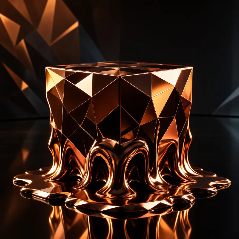 A shiny copper geometric object dissolves into a reflective puddle on a dark glossy floor.