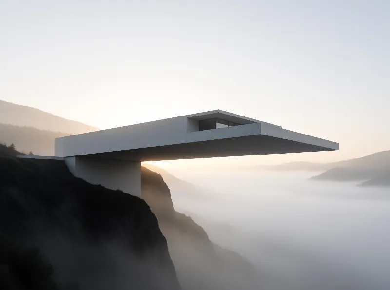 A minimalist white building extends from a dark cliffside into the valley filled with rolling fog during sunrise.