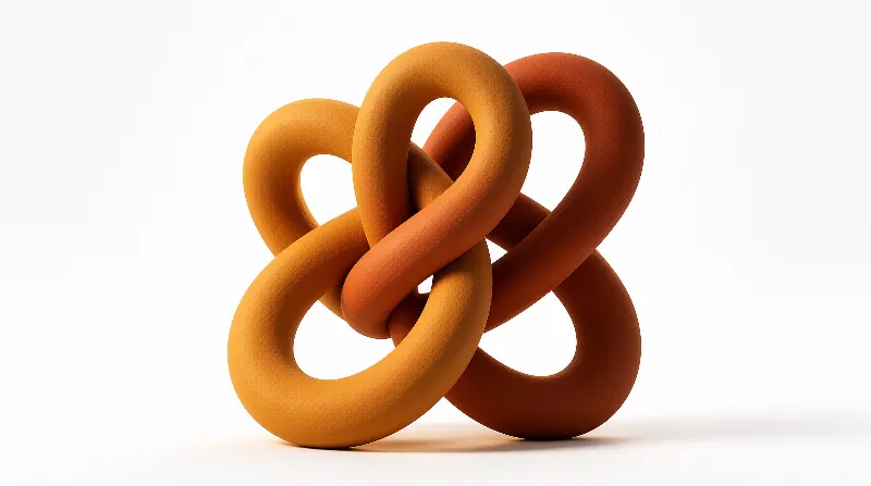 Two matte torus shapes in yellow and reddish brown are interlocked on a white background.