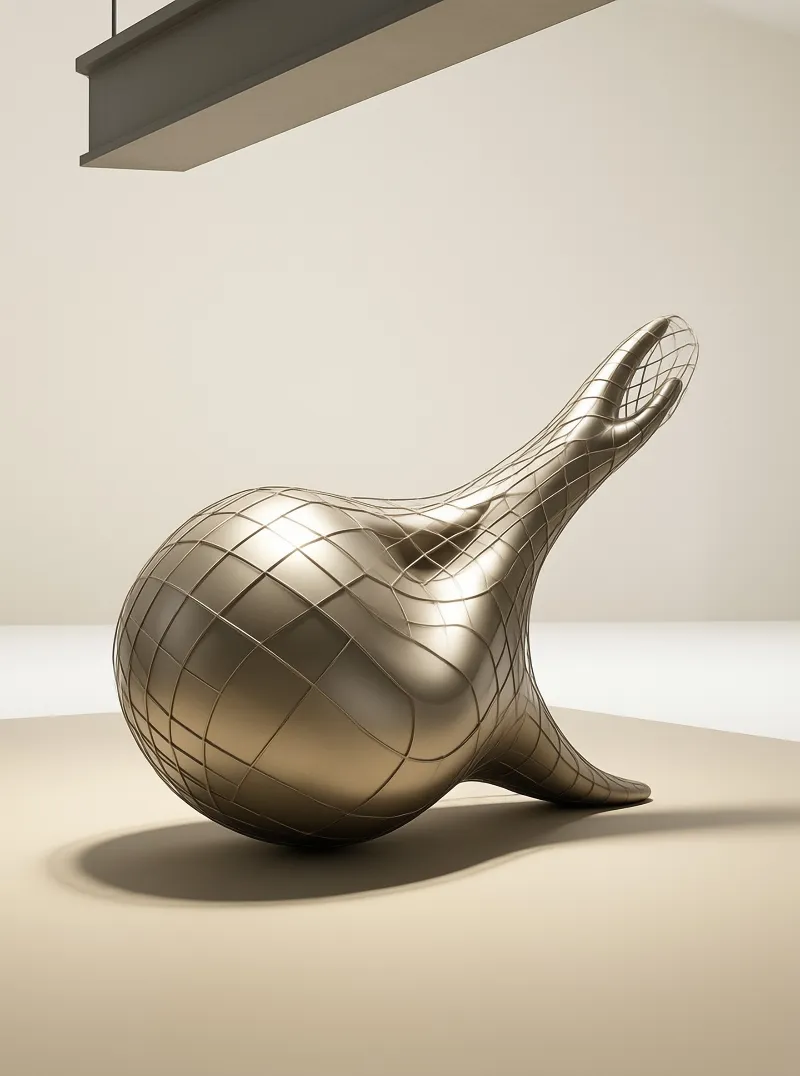 Abstract metal grid sculpture rests on beige floor under soft studio lighting with visible ceiling.