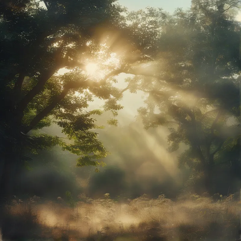 Golden sunlight streams between broad leafy boughs while mist drifts low across a wild grassy woodland glade.