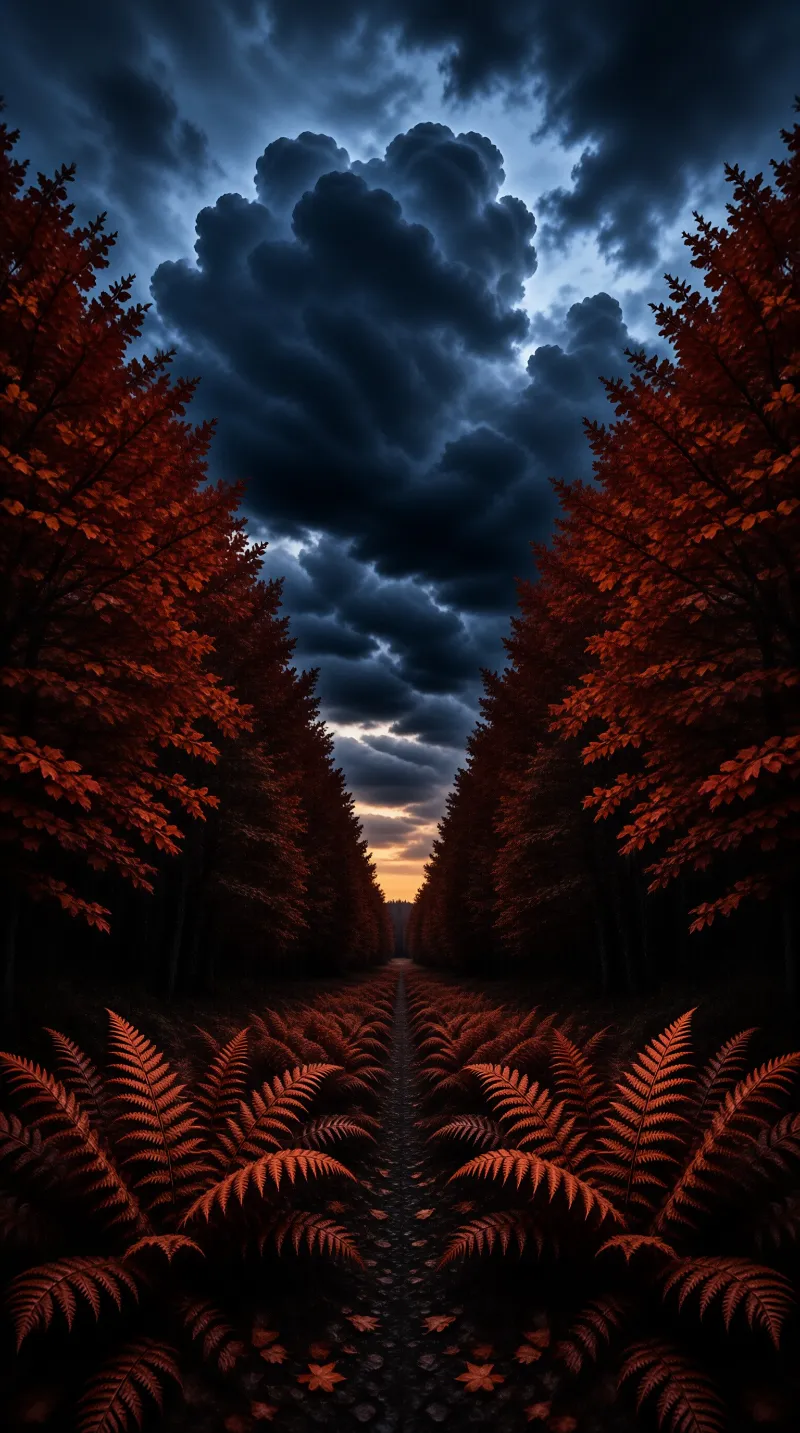 Dark thunderhead clouds hang above a path lined with rust colored trees and glowing ferns at dusk.
