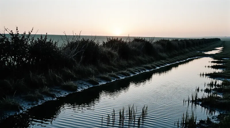 Silhouetted vegetation lines a narrow water channel that mirrors the gradient of a fading horizon sky.
