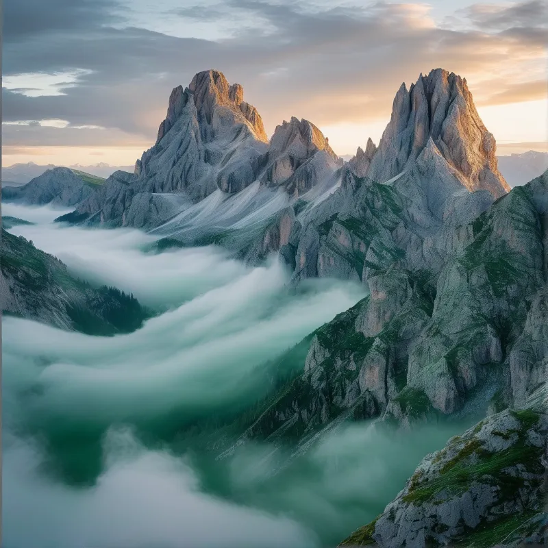 Tall rocky summits bathed in warm light stand above a thick layer of white mist filling the valley below.
