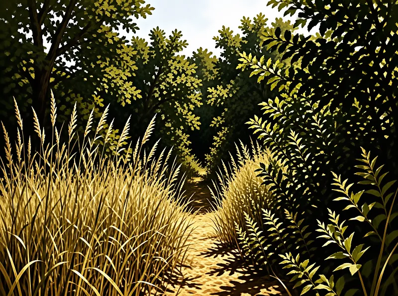 A dirt trail curves through dense golden grass into cool green shade beneath overhanging summer trees.