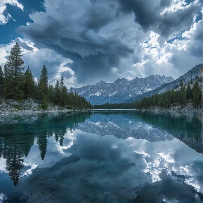 A calm alpine lake reflects the surrounding evergreen forest and rugged mountains beneath a sky full of heavy grey clouds.