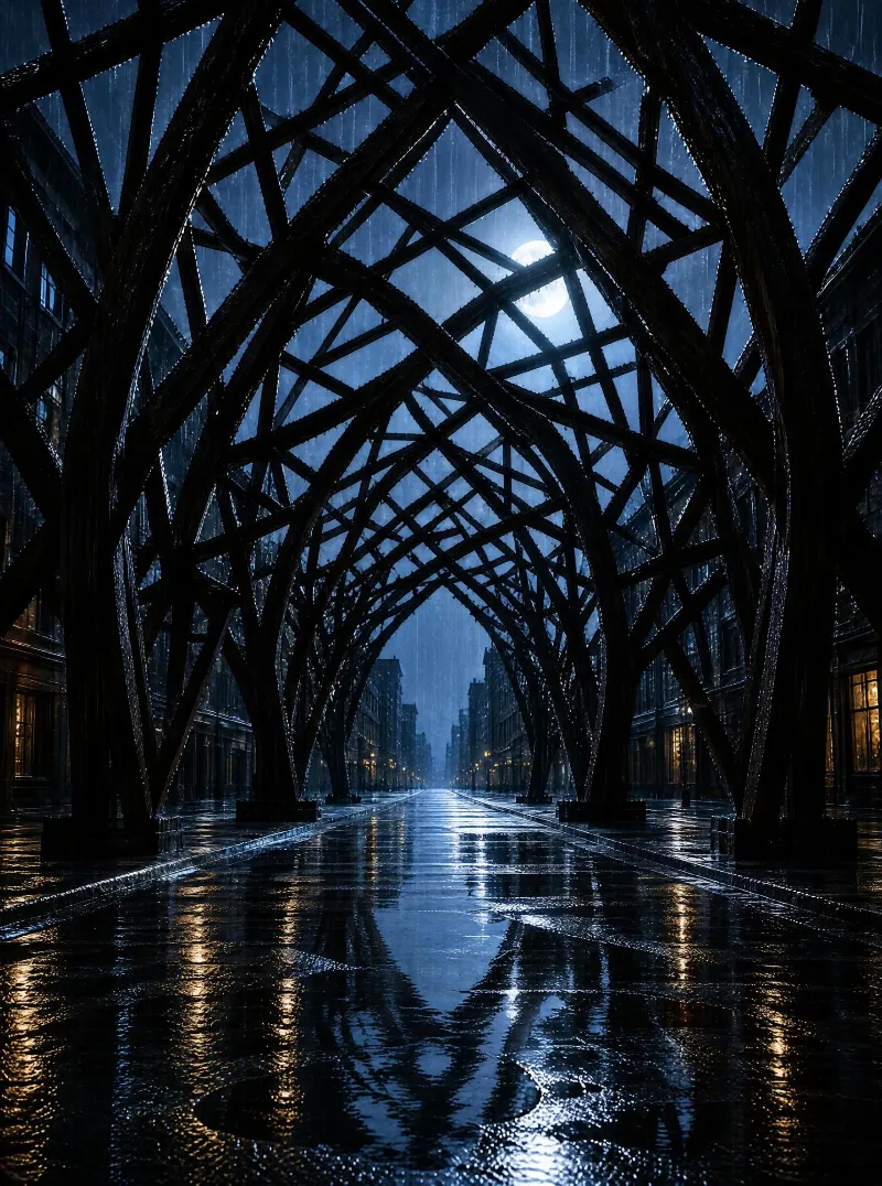 Night Street with Metal Arches