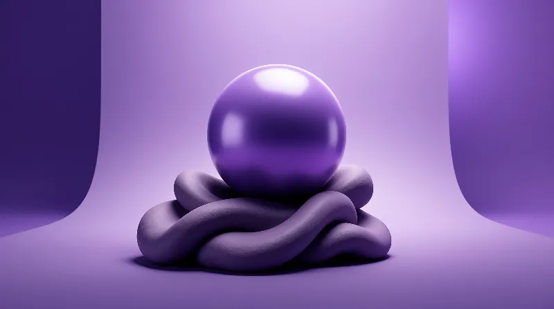 A reflective purple sphere rests upon a knotted abstract form within a seamless studio.