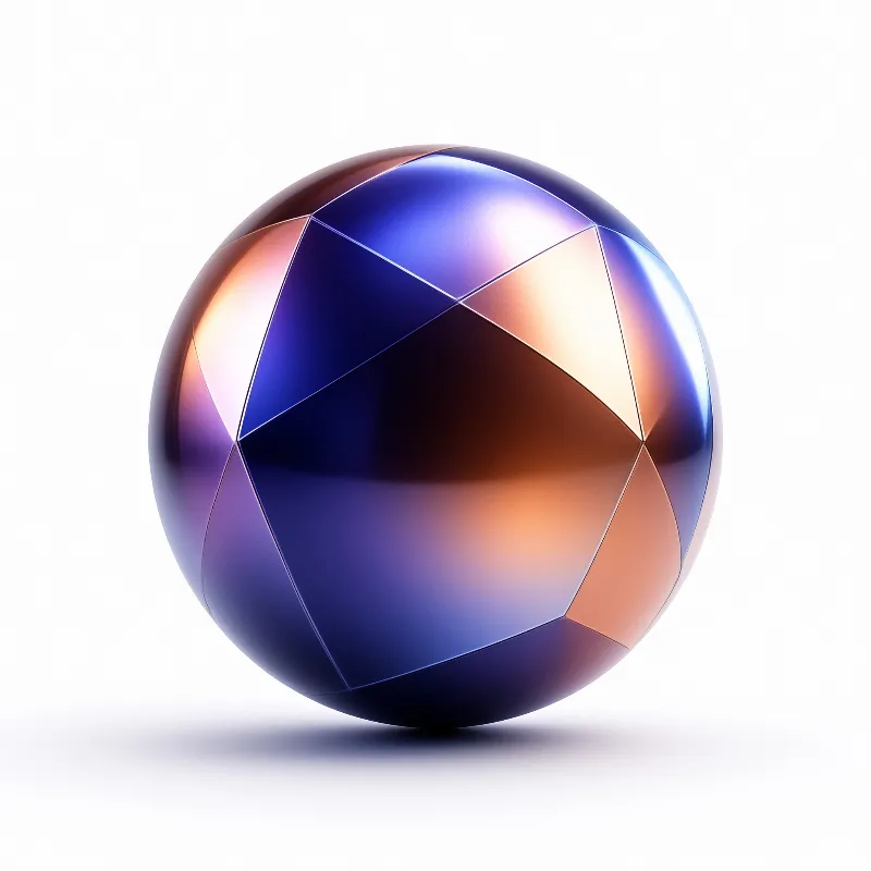 A polished ball of triangular panels shifts from violet and indigo into warm copper tones against a plain white surface.