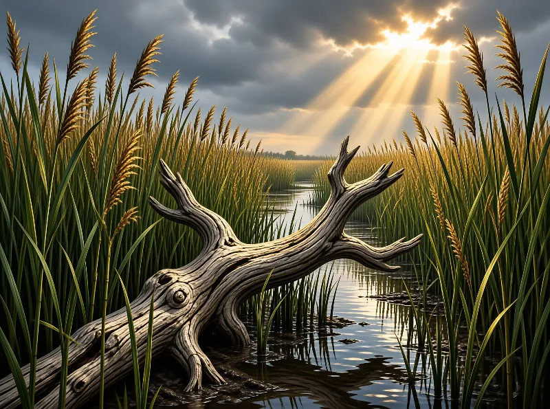 Twisted driftwood lies in a marsh surrounded by tall reeds while golden sunbeams break through dark clouds above.