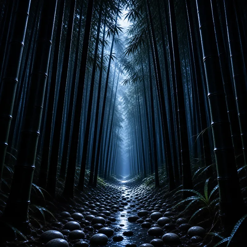 A narrow stone path winds through a dense bamboo forest under cool blue light filtering through the canopy