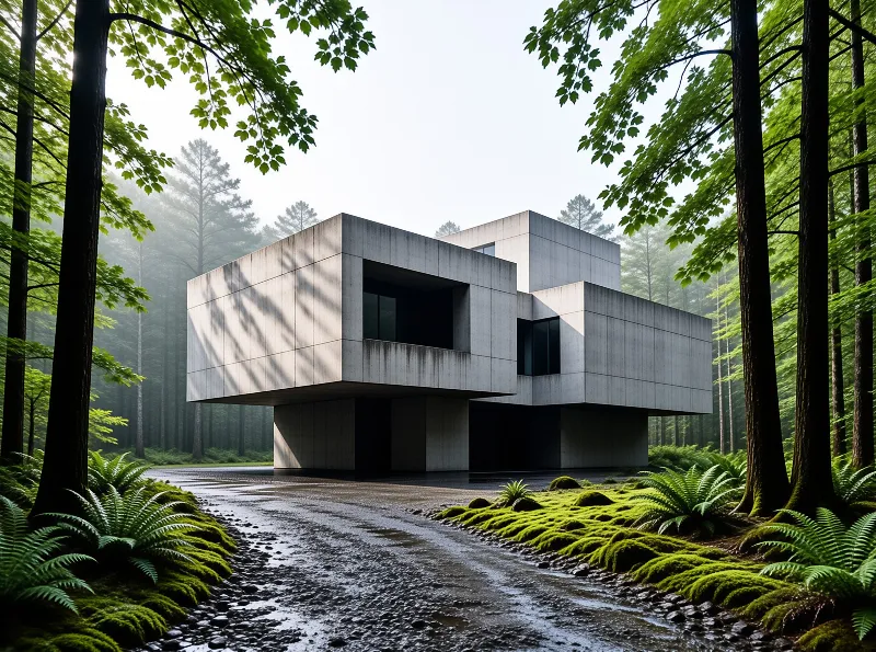 A concrete house elevated on pillars sits among tall trees while soft shadows fall across its walls and the wet ground.