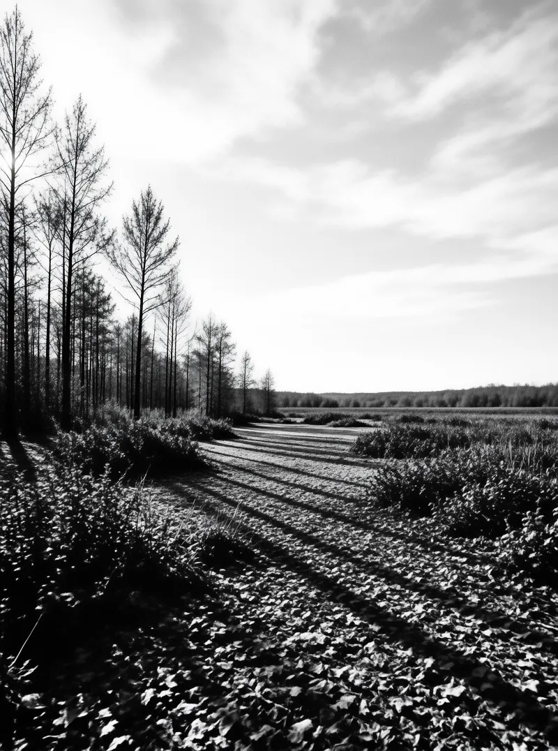 Grayscale country lane stretches toward a distant treeline as slender pines throw striped shadows across the ground