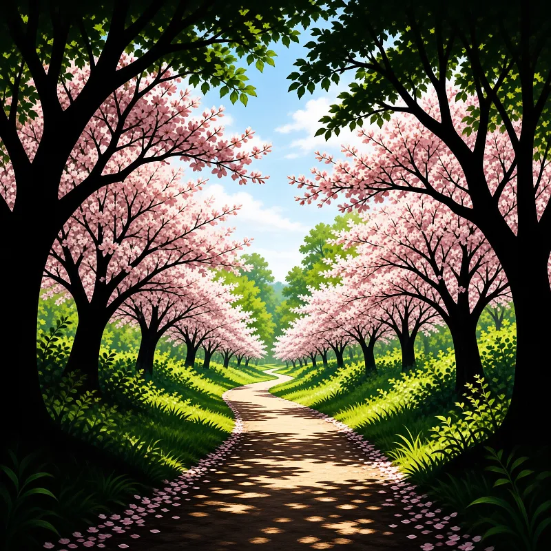 A dirt road winds through a tunnel of blooming pink trees with sunlight casting shadows on the grass.