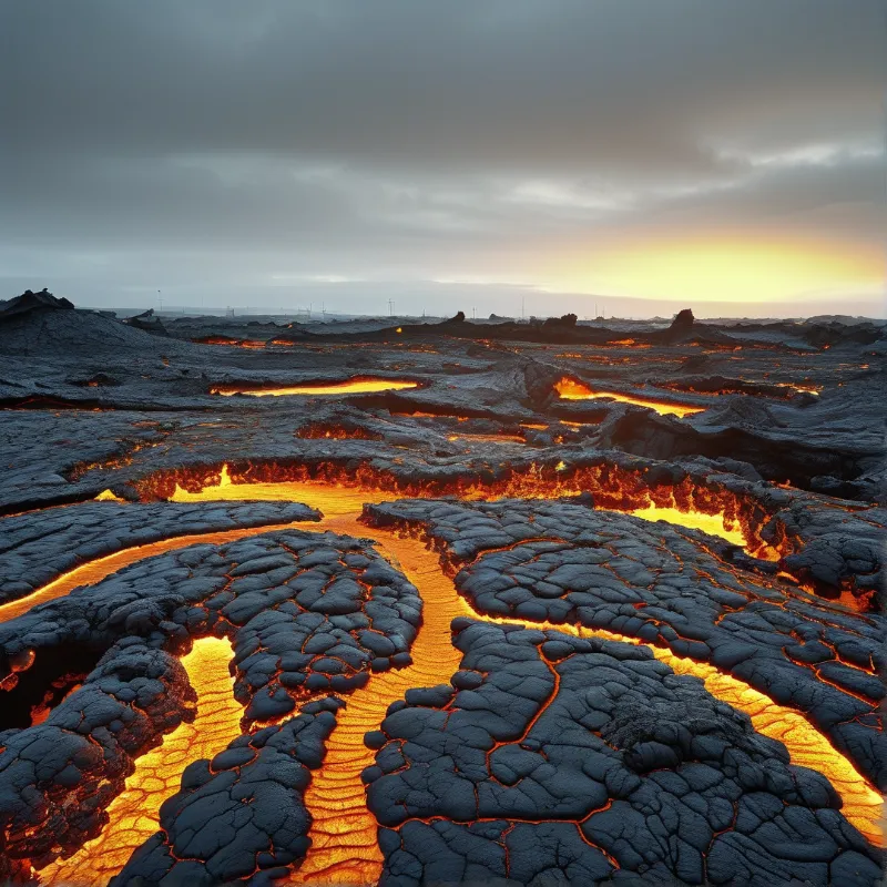 Molten lava winds through dark hardened volcanic rock under an overcast sky with an orange glow on the horizon.