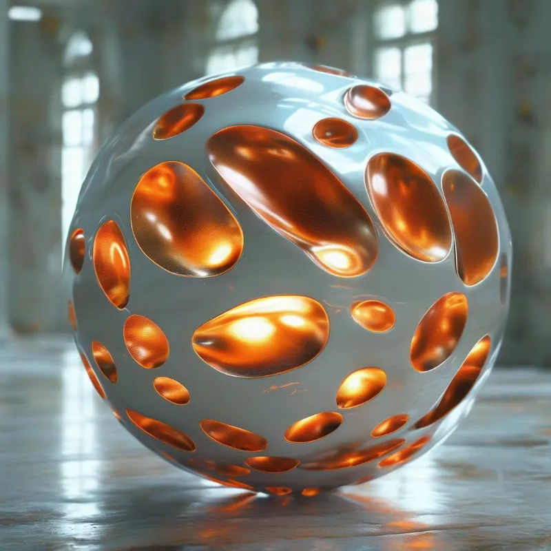 A large silver ball sits on a wooden surface featuring irregular holes that reveal a bright orange interior light.