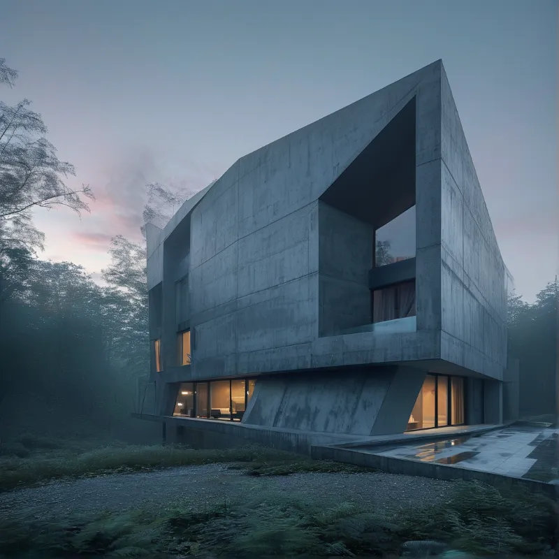Angular concrete building with large glass windows glowing warmly amid foggy forest at twilight blue hour