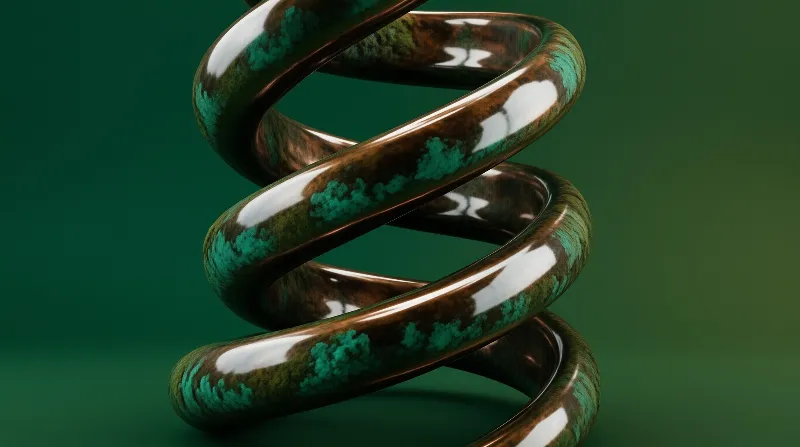 A shiny metallic coil featuring turquoise oxidation patterns rests against an emerald backdrop with bright reflections.