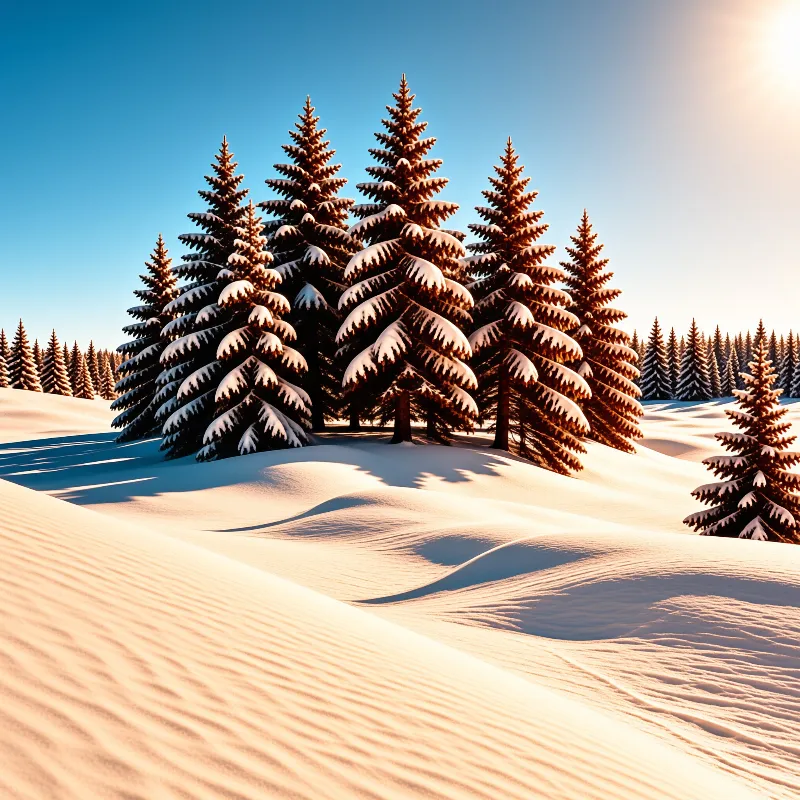 A group of coniferous trees laden with white snow stand against a clear blue sky during a bright sunny winter day.