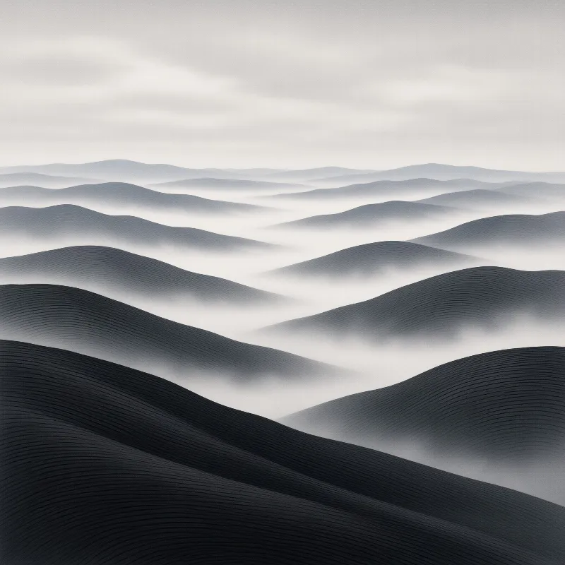 Layered hills rise through misty valleys with gradual tonal shifts from dark foreground to pale background