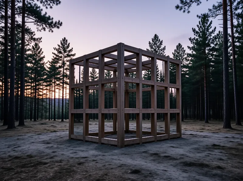 An unfinished wooden structure rests in a pine forest clearing under a fading evening sky.