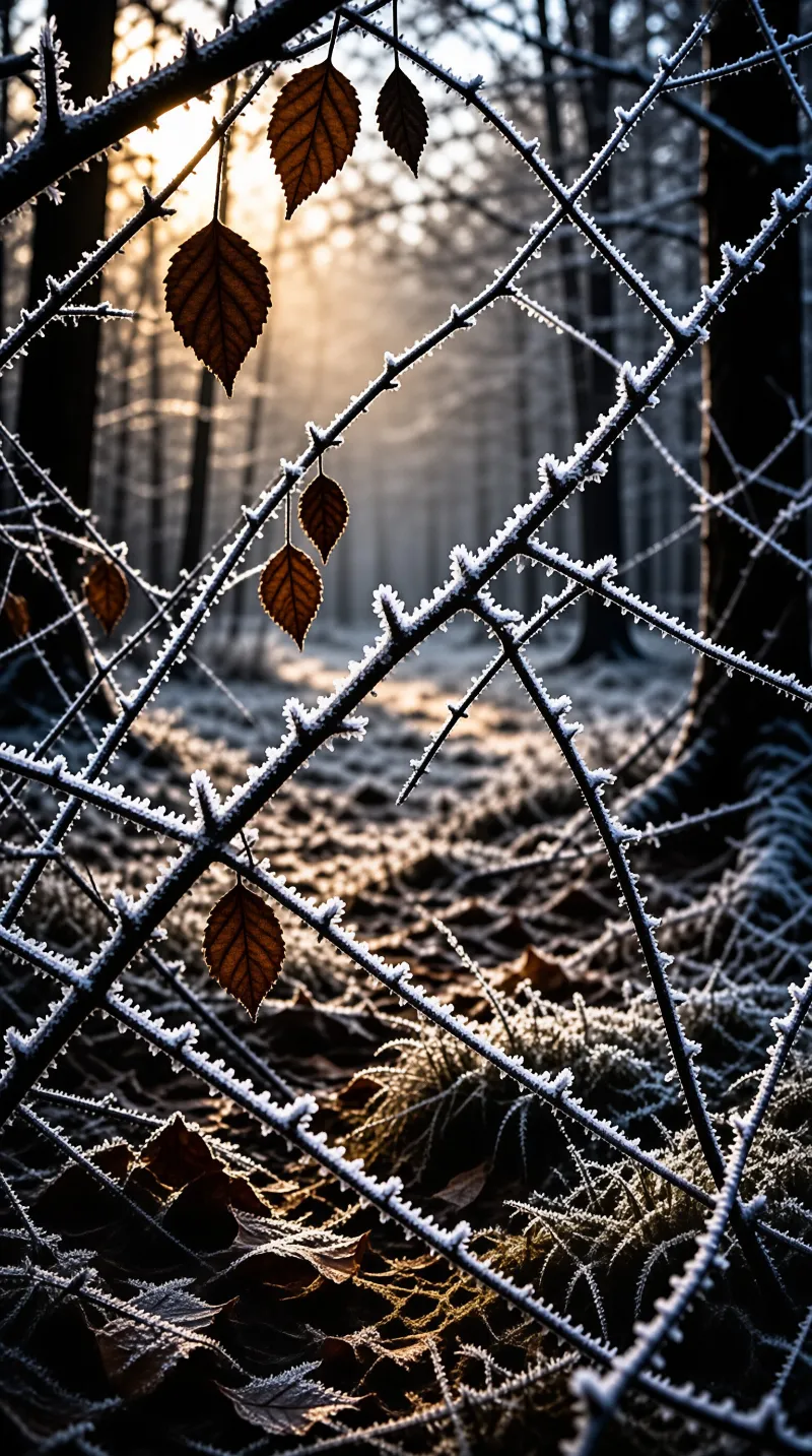 Frost-covered branches with dried leaves in a sunlit forest with golden light filtering through the trees