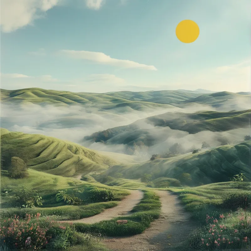 A painterly landscape of soft green ridges with low fog pooling in the valleys and a dirt lane winding toward the viewer.